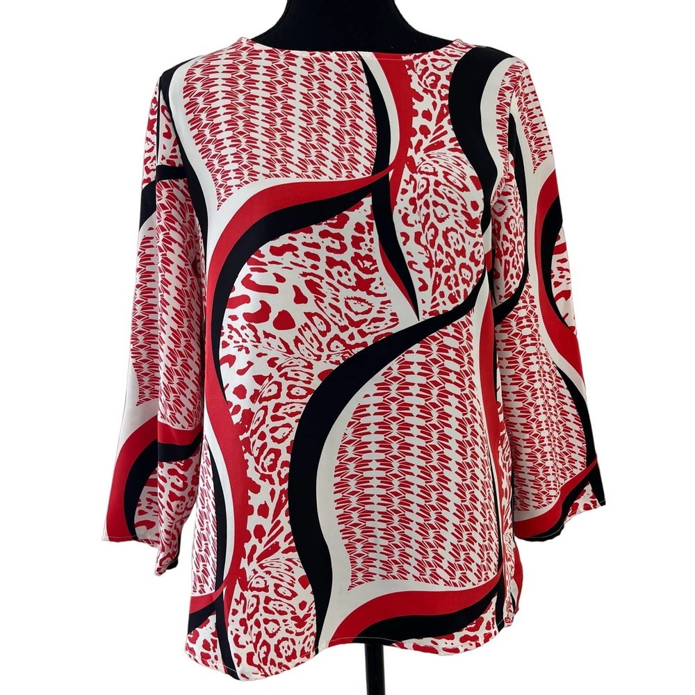 Ellen Tracy Red Black Animal Print Long Sleeve Top Small
